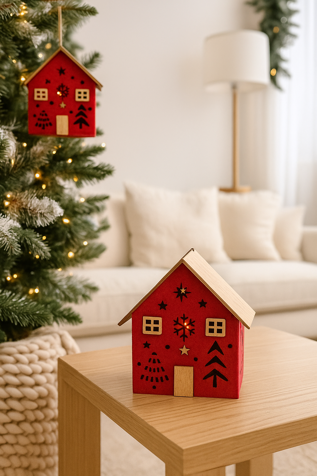 Casinha de Natal em Madeira e Feltro com Luz LED Quente