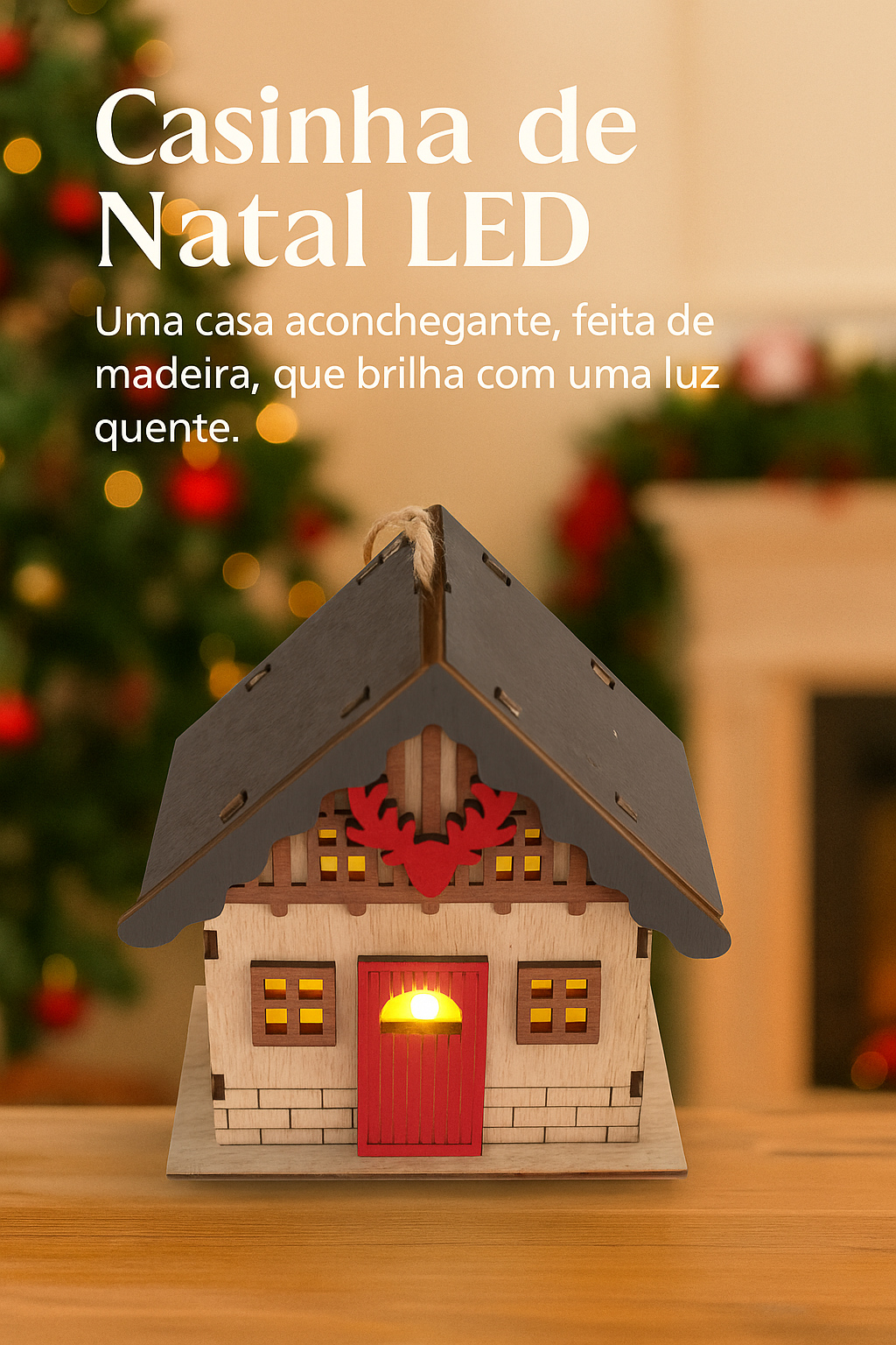 Casinha de Natal em Madeira com Luz LED Quente