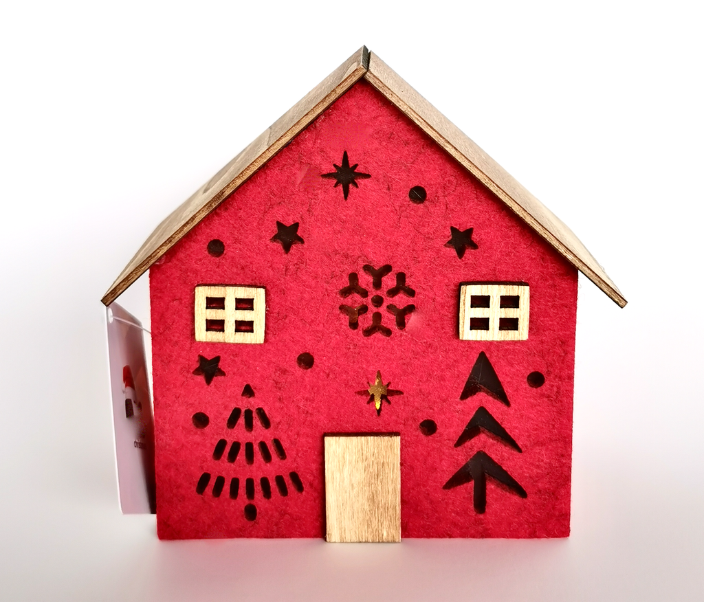 Casinha de Natal em Madeira e Feltro com Luz LED Quente