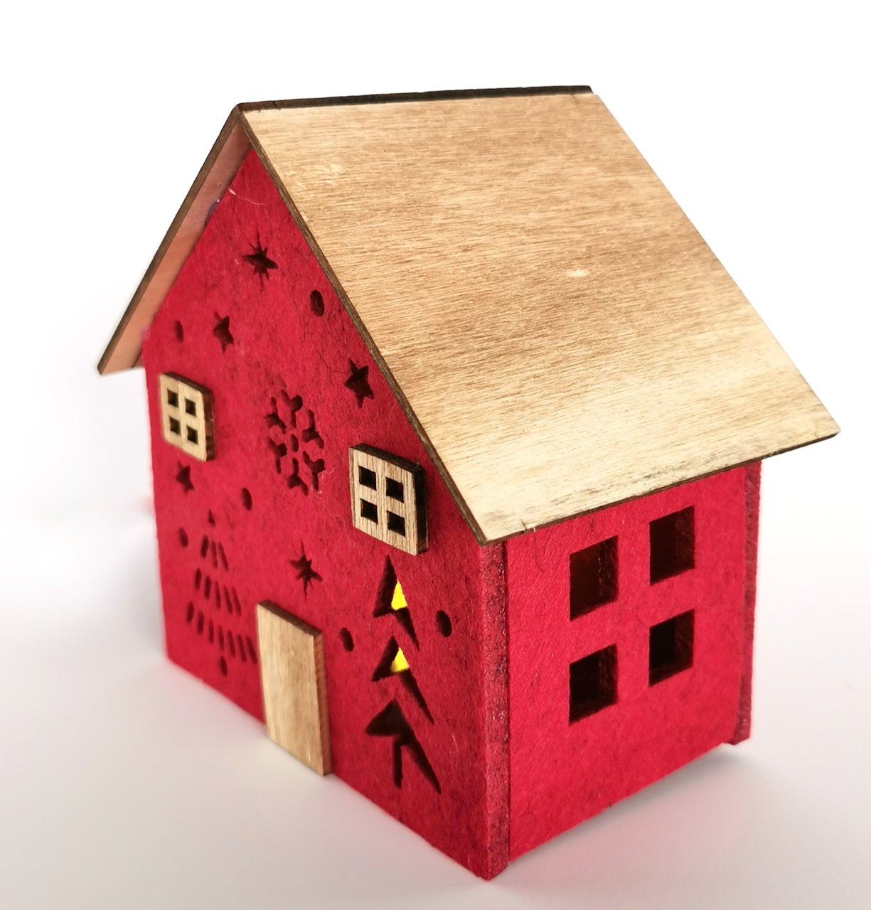 Casinha de Natal em Madeira e Feltro com Luz LED Quente