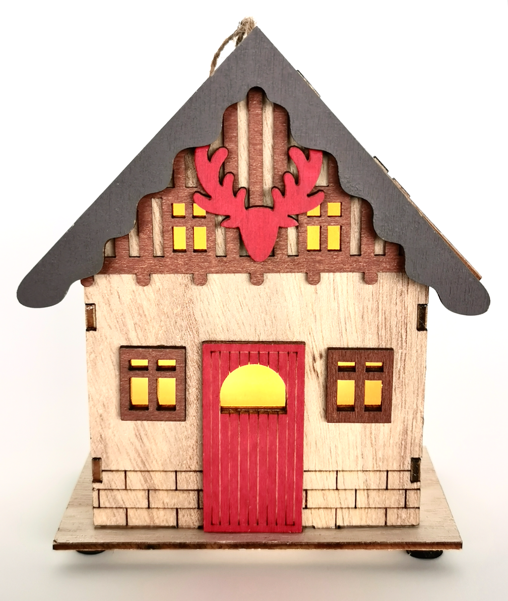 Casinha de Natal em Madeira com Luz LED Quente