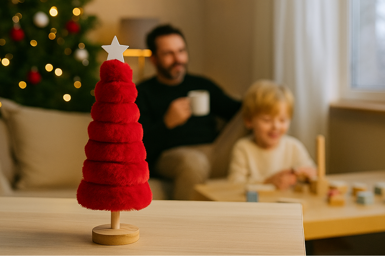 Árvore de Natal Decorativa em Pêlo com Base em Madeira