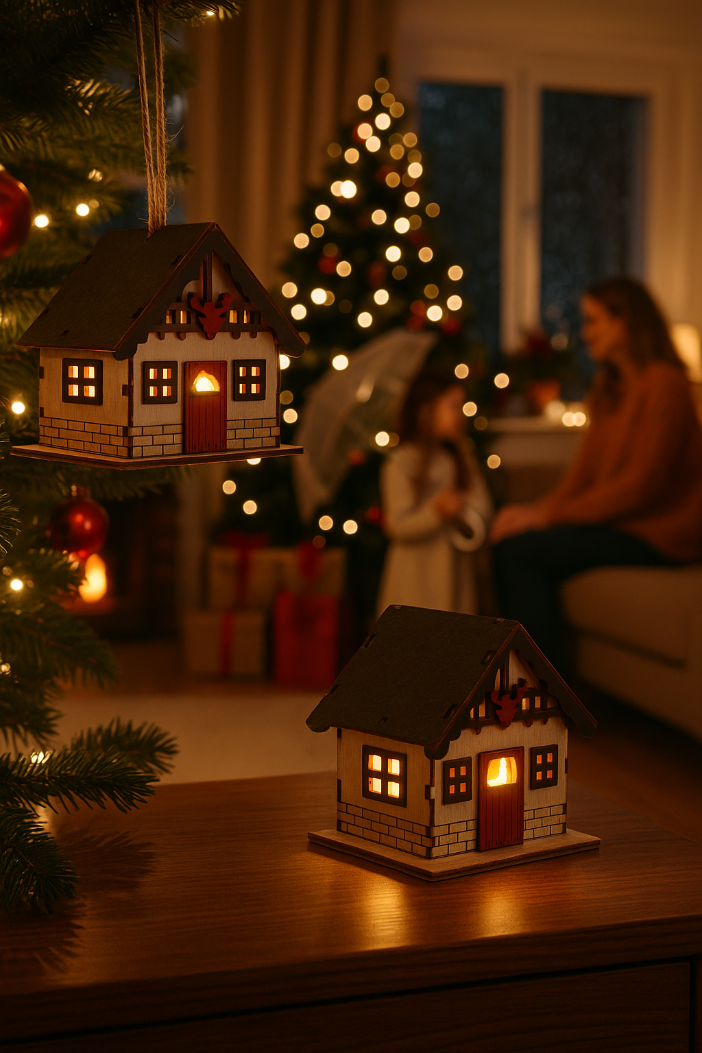 Casinha de Natal em Madeira com Luz LED Quente