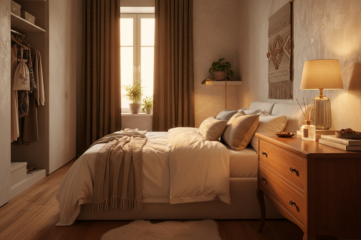 Cria uma imagem, num quarto elegante e acolhedor, como Mikado perfumado em cima da cómoda, e o saquinho perfumado do mesmo aroma num guarda fatos. São pequenos